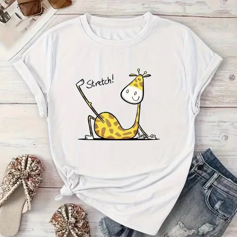 Women's Cute Stretch Giraffe Graphic T-Shirt Funny Yoga Cartoon Animal Short Sleeve Casual Tee