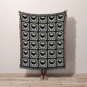 Halloween Blanket Goth Black White Woven Throw Blanket, Cozy Granny Square Gift Fall Autumn Halloween Decor Bedspread Wife Husband Gift Bat