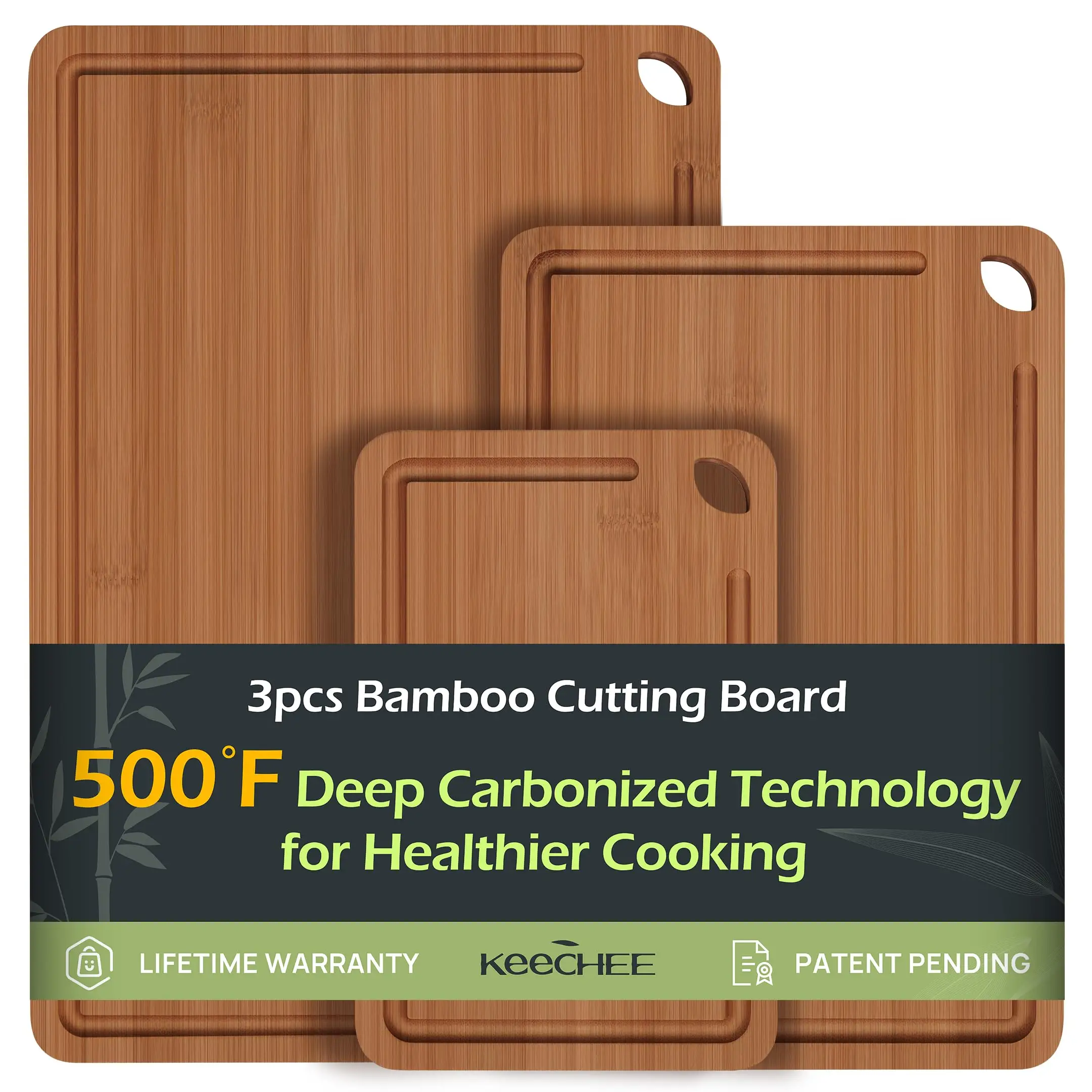Keechee Wooden Bamboo Cutting Board Set of 3 (Dark Carbonized), Chopping Boards with Juice Grooves, Ideal for Knives, Kitchen & Charcuterie Cooking Ki