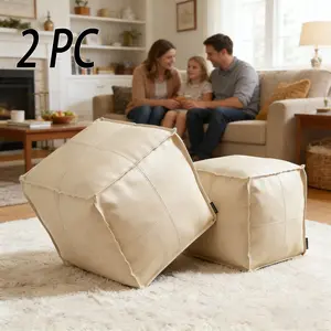 Faux Leather Unstuffed Square Pouf Ottoman Cover – Modern Foot Rest for Couch or Bed. Durable, Scratch-Resistant & Waterproof. DIY Fillable Storage Ottoman for Living Room Bedroom RV Décor. 17 Inch Home Organizer (Stuffing Not Included)
