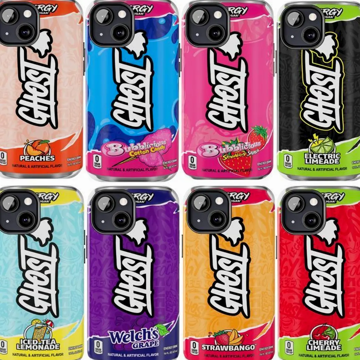 Ghost Energy Drink Phone Case Flavor Bubblicious Candy Iced Tea Lemonade Peaches Grape Electric Limeade Strawbango Cherry Cover Compatible with iPhone 12 13 14 15 16