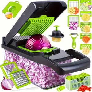 Vegetable Chopper, Professional Onion Chopper, 16-in-1 Multifunctional Food Chopper, Kitchen Vegetable Slicer Dicer Cutter, Veggie Chopper with 8 Blades, Carrot and Garlic with Container Thick Chopping