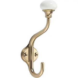 Coat Hooks- 5 Pack Antique Brass Wall Hooks, Ceramic Coat Hooks, Decorative Wall Mounted Towel Hanger, zinc Double Prong Hook for  Clothes, , Hats, Backpacks