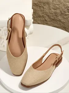 Women's Linen Square Toe Slip-On Sandals, Soft Sole Open-Toe Shoes with Metal Buckle Design, Casual Summer Footwear for Women, Classy Elegant Sandals