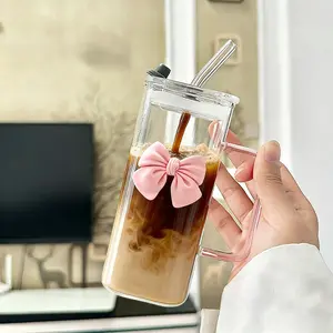 Bow Decor Glass Cup,1/2 Counts Glass Cup with Straw & Lid,High Borosilicate Material Drinking Cup for Home Office and Mother's Day, Drinkware,Reusable