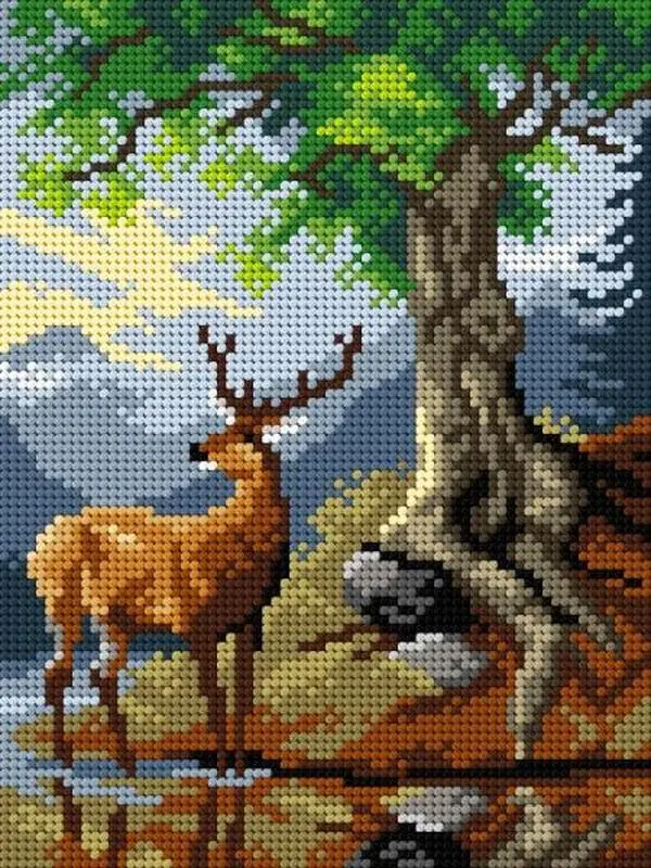 Needlepoint canvas for halfstitch without yarn after Friedrich Gauermann - A Stag by Lake Gosau 3173F - Printed Tapestry Canvas
