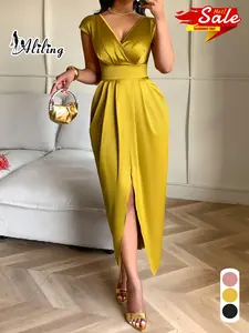 Women's Elegant Slim-Fit V-Neck Short Sleeve Dress, Waist-Tapered Split Hem Long Dress, Fashionable All Season Wear