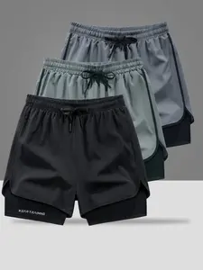 Men's three-pack athletic shorts with double-layer design, featuring a loose outer layer and breathable, quick-dry lining perfect for running, workouts, and everyday casual wear