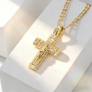 14K Gold Plated Jesus Crucifix Cross Pendant Necklace, Figaro Link Chain Catholic Religious Jewelry, Hypoallergenic Non Tarnish Daily Wear Faith Necklace for Men Women