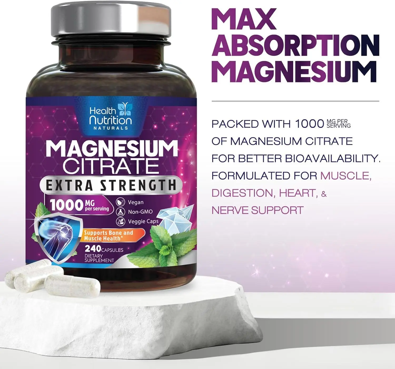 Magnesium Citrate 1000mg Per Serving - Max Absorption Magnesium Powder Capsules for Muscle, Nerve, Bone and Heart Health Support, High Absorption Citrate Complex, Gluten Free, Non-GMO - 240 Capsules