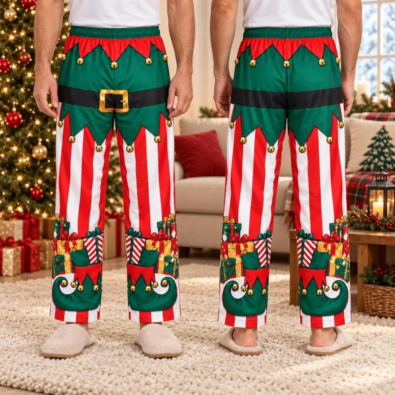 "Elf Christmas Pajama Pants, Funny Costume Illusion Holiday Lounge Pants, Red Green Striped PJs, White Elephant Gift for Him or Her "