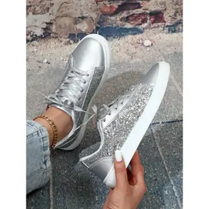 Women’s street-trend glitter low-top sneakers, trendy lace-up sneakers for work, fashionable sequin-decorated sports shoes for daily wear, fashionable casual sneakers