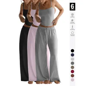 2/6 pcs Women's Solid Cami Top & Wide Leg Pants Loungewear, Casual Comfy Pyjama Set for Women, Women's Sleepwear for Summer, Homewear(gift)