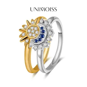 UniMoiss Sun & Moon Ring Rhinestone Band White/Golden Metal Coating Romantic Gift for Couples Weddings Anniversaries