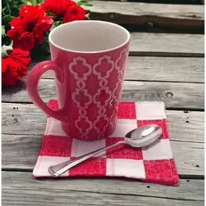 Handmade Mug Rug, Coffee Coaster, Patchwork Mat, Red and White Decor, Cotton Table Mat, Quilted Coaster, Home Decor, Coffee Lover Gift
