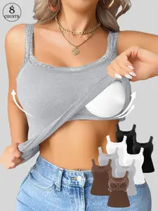 3/4/6/8 Pack Women's Lace-Trimmed Removable Pad Slim-Fit Stretch Camisole – Black/White/Gray/Apricot/Pink/Brown Multi-Colors – Sizes S-XL – Suitable for Layering/Daily/Commute & More Scenarios