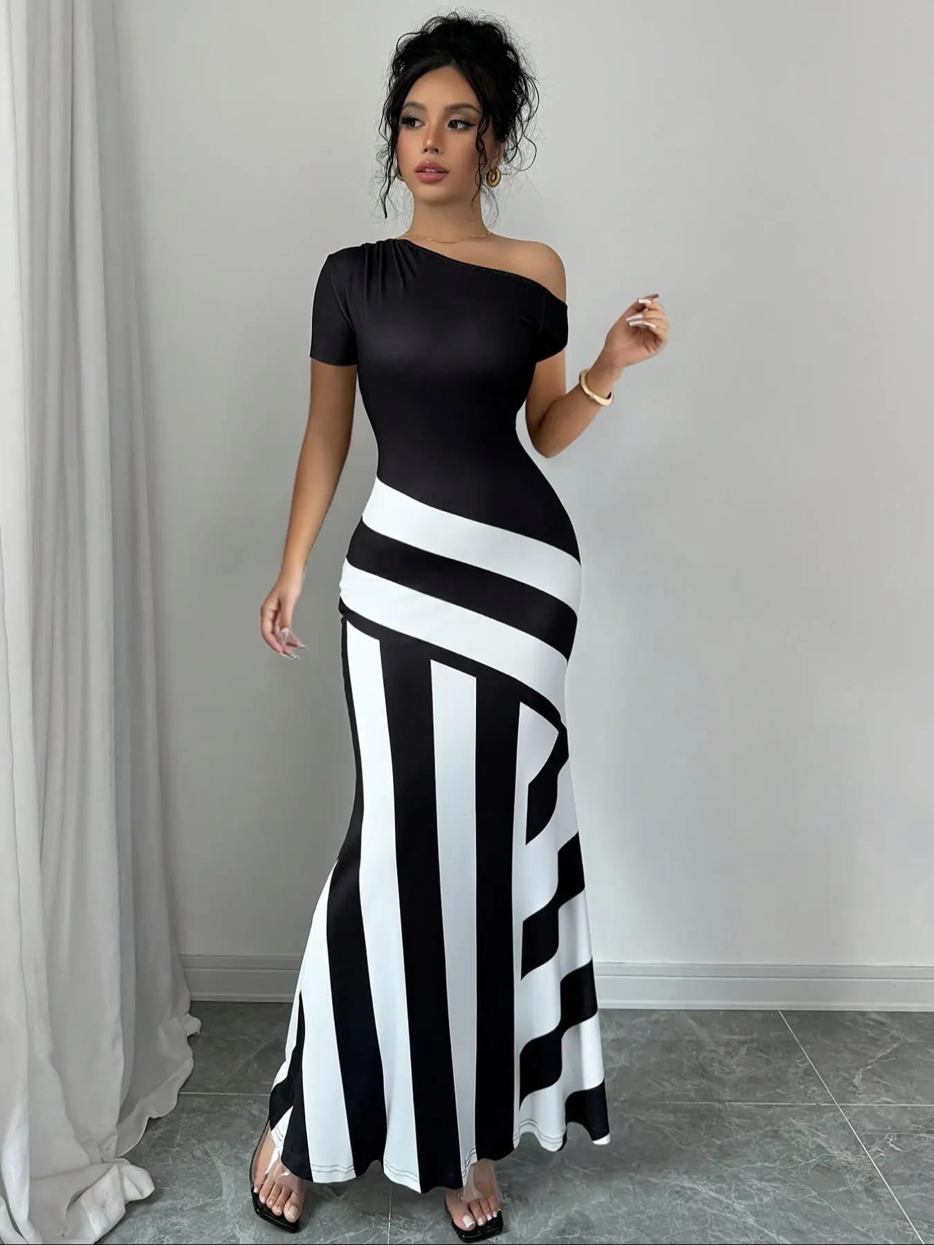 Women's Striped Print Asymmetrical Neck Dress, Elegant Sexy Dress for Party  Club Dating Wear, Ladies Summer Clothes, Elegant Fitted Dresses, Womenswear  - TikTok Shop