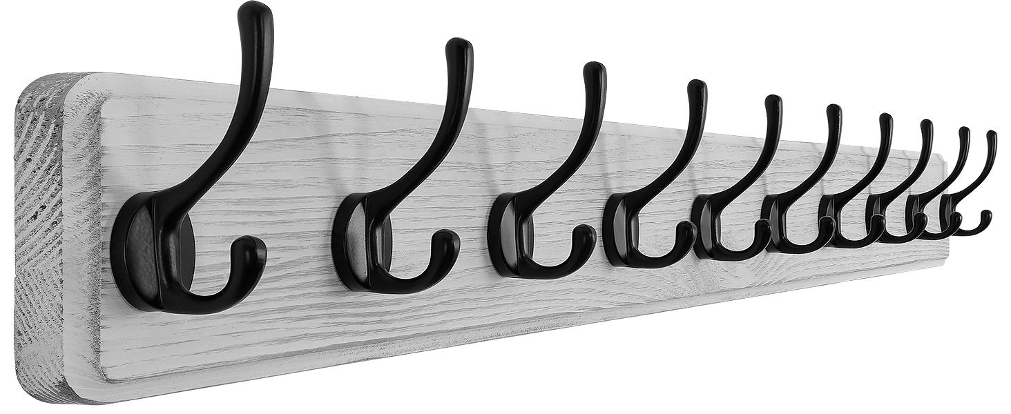 Farmhouse Style Wall Mounted Coat Rack, 38.6'' Pine Wood Coat Hook Hanger - 10 for Clothes Robes Towels