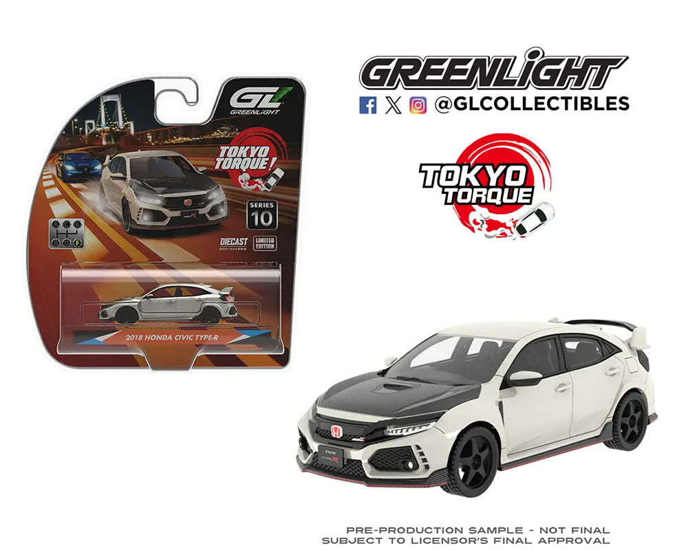 Greenlight 1:64 Tokyo Torque Series 10 – 2018 Honda Civic Type-R (FK8) with Custom Wheels and Carbon Hood – Championship White