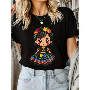 Summer t Shirts Women's Black & White Short Sleeve T-Shirt with Mexican Traditional Costume Cartoon Print, Round Neck, Casual Style, Polyester Blend, Machine Washable, All-Season Wear