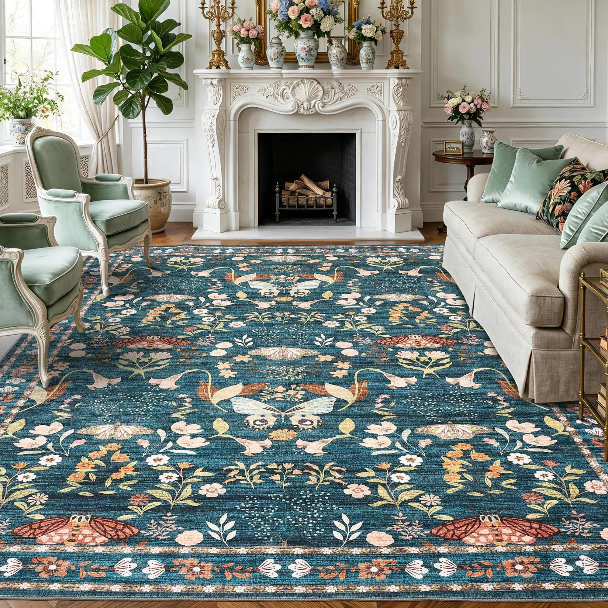 5x7 Washable Area Rug, Non-Slip Low Pile Rug with Butterfly Floral, Stain Resistance Carpet for Living Room, Bedroom, Dining Room, Dark Green