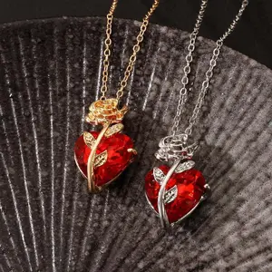 Dark Red Crystal Rose Flower Pendant Necklace for Women Men Gothic Punk Zircon Love Heart Choker Neck Jewelry Personalized Gift