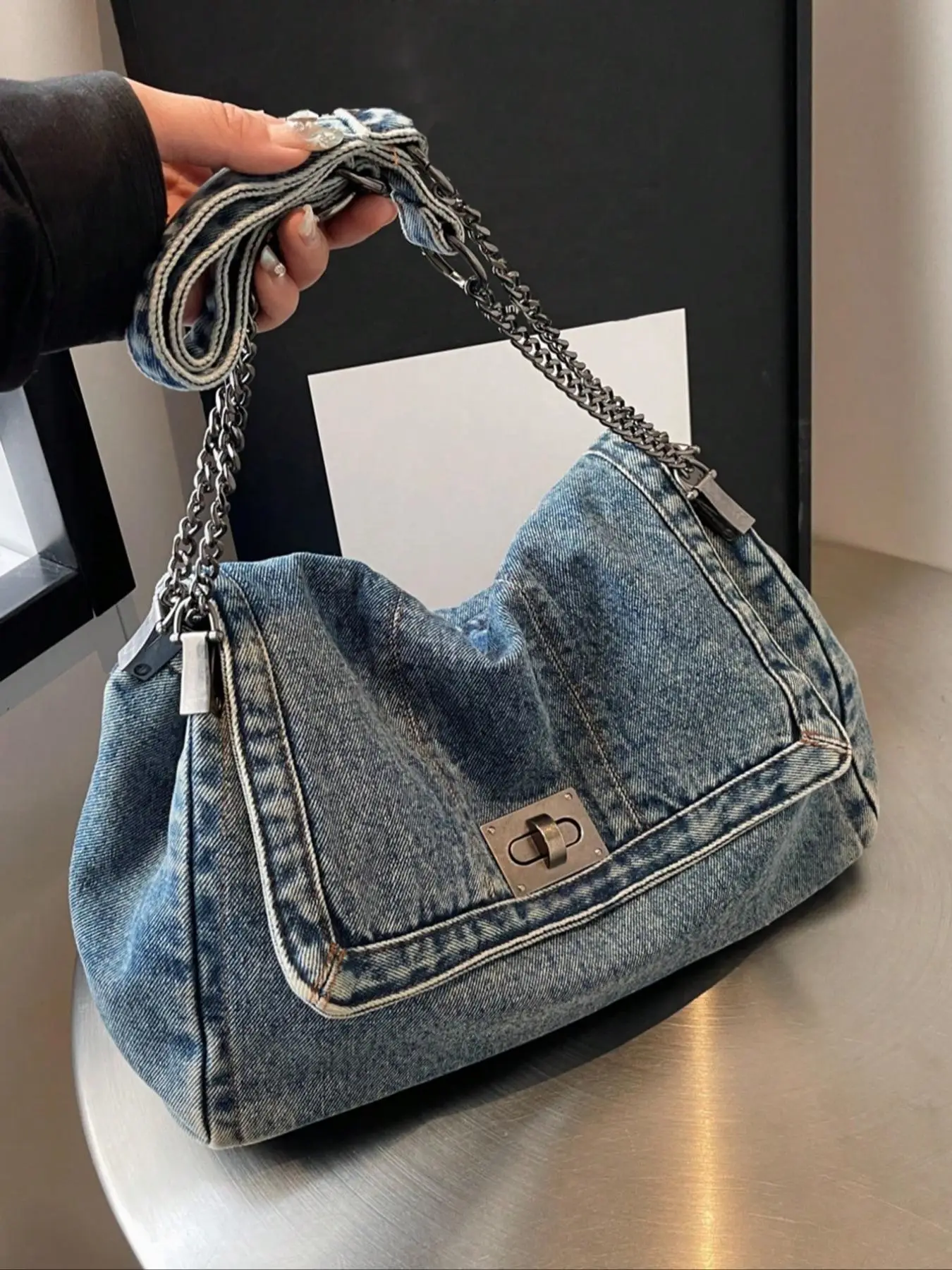Fashion Denim Chain Shoulder Bag, 2025 New Styling Casual Versatile Crossbody Bag for Women, Trendy All-match Commuter Bag for Daily Travel Work Commu