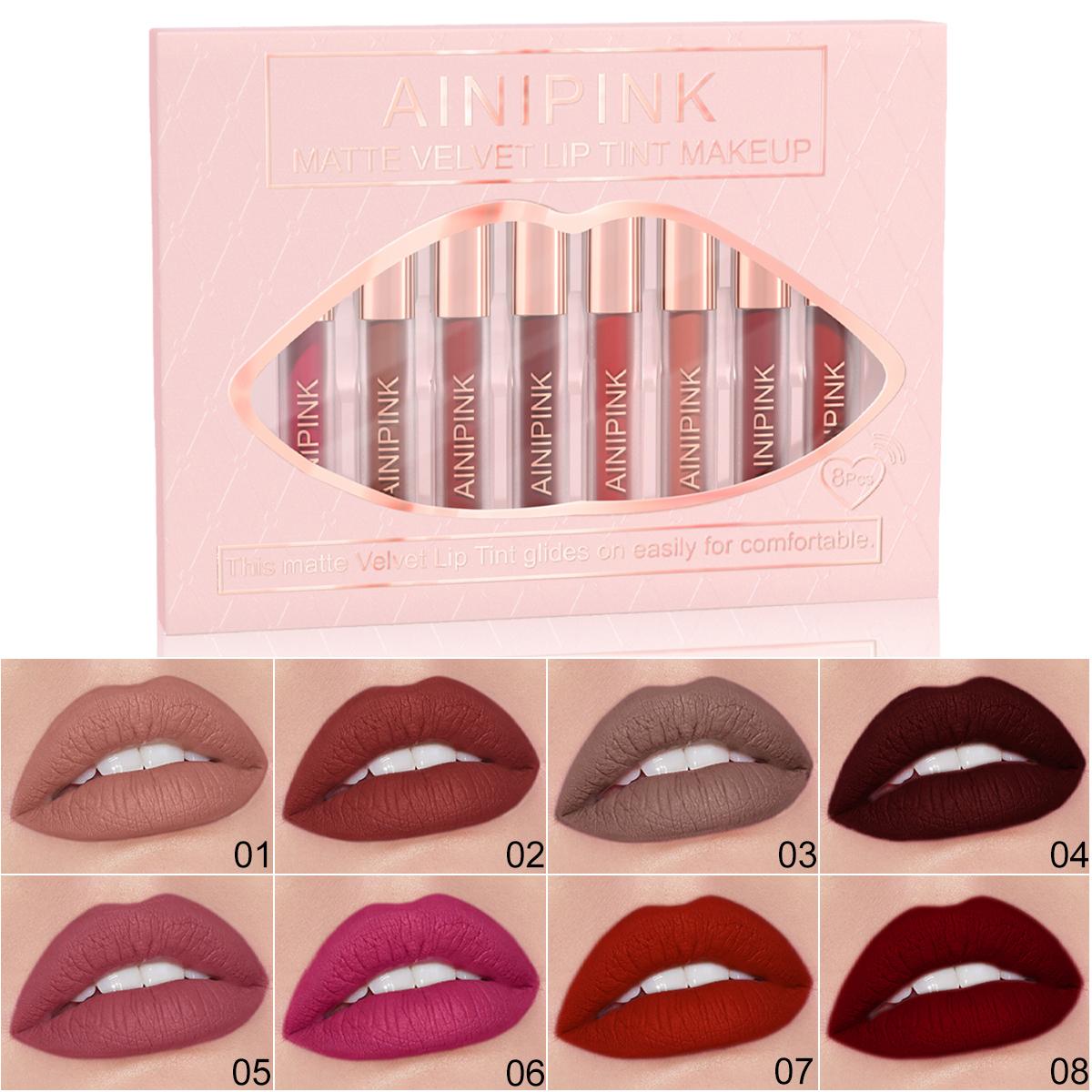 AINIPINK 8-Piece Long-Wearing Matte Velvet Lip Makeup Set, Waterproof & Smudge-Proof, Long-Lasting Cosmetics for Women