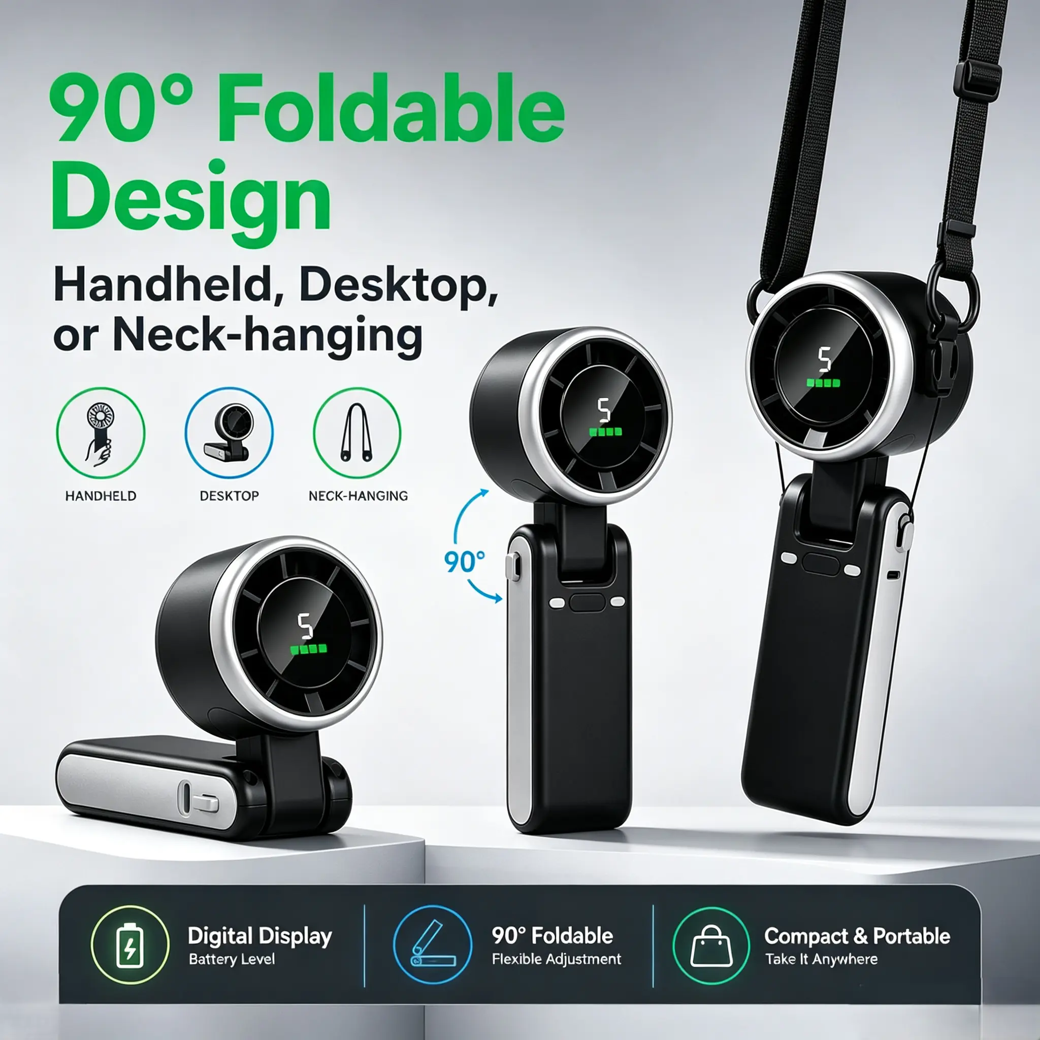 【GS】Rechargeable Portable Cordless Handheld Unisex Compact Pocket Fan - 5-Speed Adjustable, Foldable Hanging Neck, 190g, USB Ports, Car Charger Compatible, Battery Operated, Ideal for Beaches, Travel, Festive Party Gifts