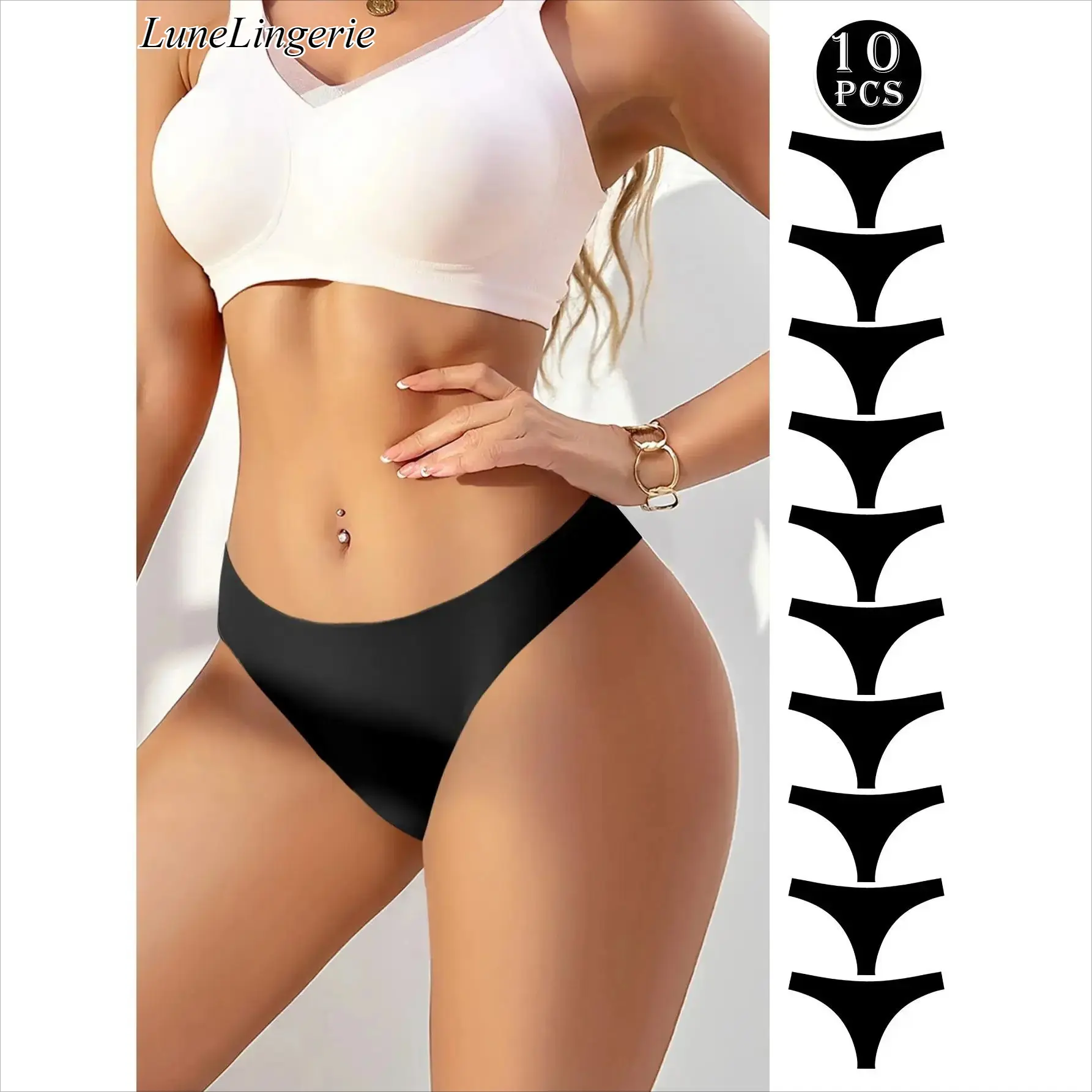Women's 10-Pack Seamless Thong Panties, Breathable Soft Material Underwear in Solid Black for Comfortable Everyday Wear, Black (3 Pieces), Female, Plain, All Season, Basic, Lingerie For Women