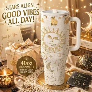 AuraCup 1pc 40oz Insulated Tumbler with Handle and Lid, Stainless Steel Vacuum Thermos Coffee Mug with Celestial Sun Moon Zodiac Print, Large Capacity Travel Mug for Hot Cold Drinks, Reusable Water Cup for Car Office Outdoor, Thermo Cup