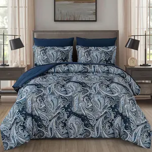 Navy Paisley Comforter Set  Size 7 count Bed in a Bag Boho Paisley  Comforter Set Soft Lightweight Microfiber Blue Reversible Bedding Set for  Season (90''x90'')