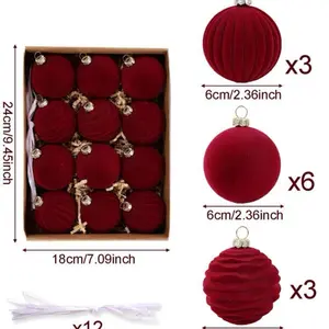 12pcs Velvet Christmas Tree Ornaments Burgundy 6cm Xmas Balls for Home Decorations Merry Christmas Gift Set 3x3x6