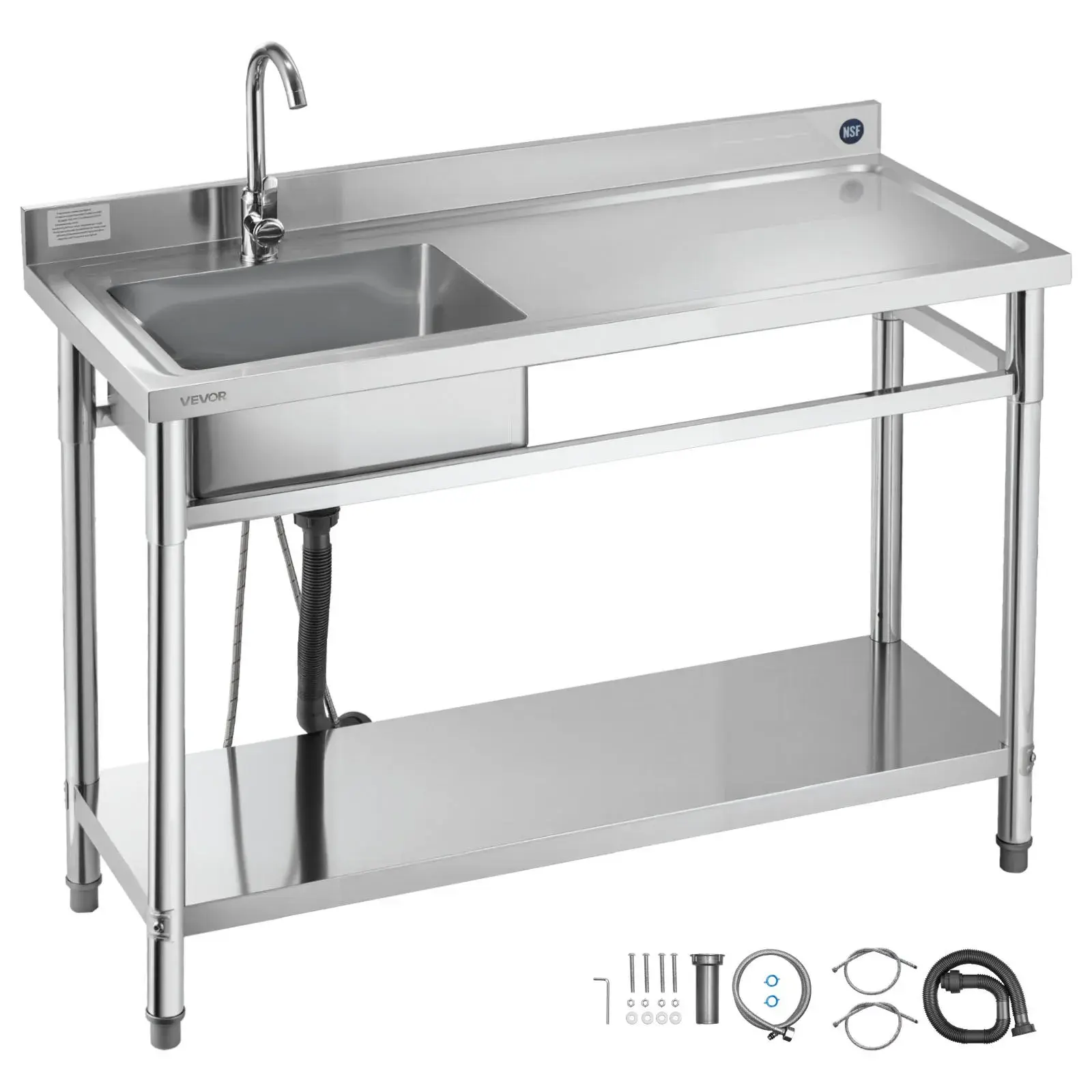 【DealsForYouDays】VEVOR NSF Certified Stainless Steel Free Standing Single Bowl Utility Sink with Faucet, Right Basin Workbench, Hot-Cold Water Pipe, Anti-Clog Drainage, 47x19.7x37in Durable Rectangle Sink for Outdoor Kitchen, Buffet