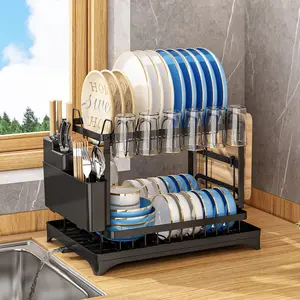 2 Layer Kitchen Countertop Drain Rack, Metal Material, with Drain Board,Plate & Cup Organizer Rack , Carbon Steel Material, Kitchen Storage Rack
