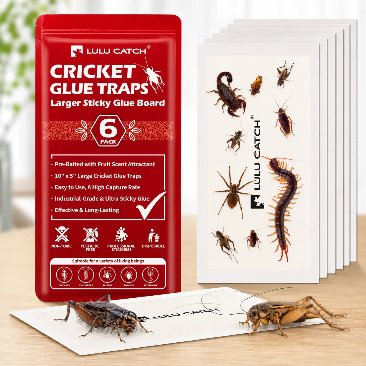 LULUCATCH 6-Pack Cricket Insect Glue Traps, Pre-Baited Large Sticky Boards for Indoor Bugs, Cockroaches, Spiders, Non-Toxic Pet-Safe Easy-to-Use Highly Effective Pest Control