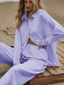 Two-Piece Set Women's Solid Color Button Front Shirt & Wide Leg Pants, Casual Comfy Set For Daily Wear, Ladies Clothes For All Season, Casual Lounge Set