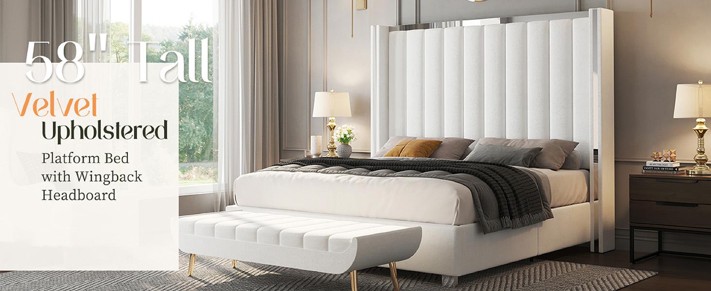 AMERLIFE Modern  Bed Frame with 58" Tall Headboard, Velvet Upholstered Platform Bed with Channel Tufted Wingback Headboard & Plating Trim Design, No Box Spring Needed, Luxury Bedroom Furniture/Best Gift Ideas/Christmas Gifts