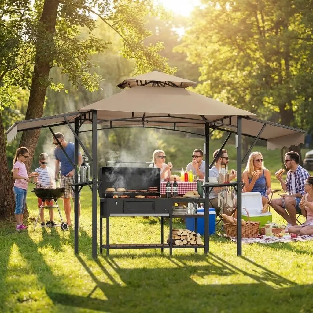 Heavy Duty Grill Gazebo for Outdoor BBQ - Double-Tier Steel Patio Shelter with Adjustable Dual Side Awnings, 2 Shelves, Hooks, LED Light Hook - Backyard, Lawn, Garden