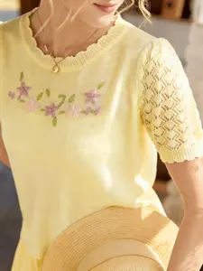 Elegant Women's Spring Summer Fashion Casual Knitted Hollow Out Floral Embroidery Short Sleeve T-Shirt Pullover Top