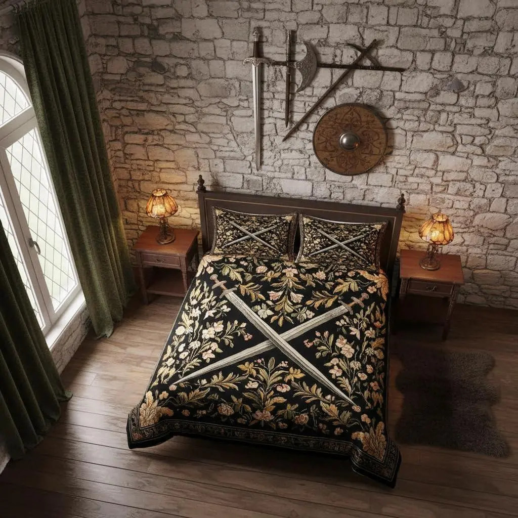 Medieval Style Swords Comforter Cover Country Rustic Flowers Duvet Cover Set Knight Theme Sword Bedding Set Black Yellow Quilt Covers (No Comforter)