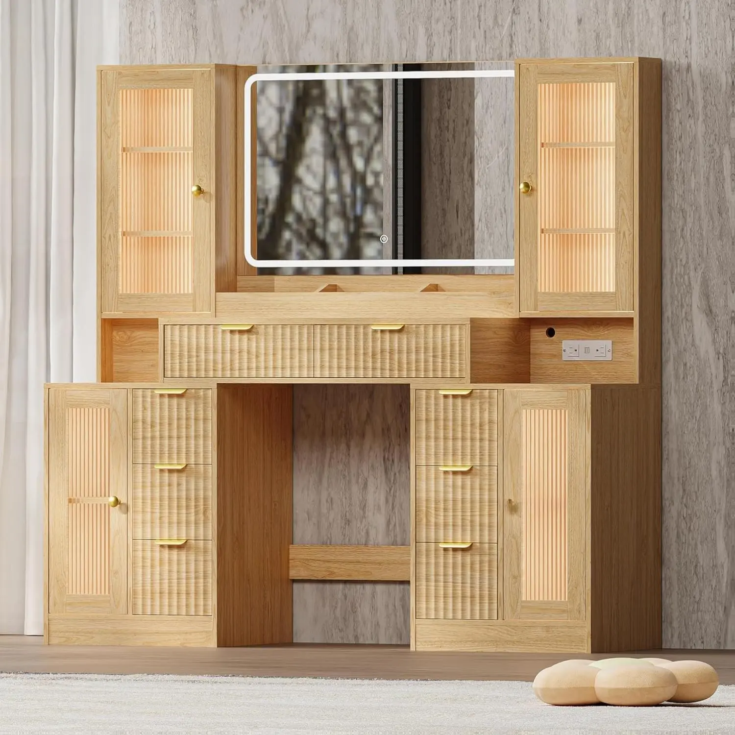 Fluted Makeup Vanity Desk with Mirror and Lights, 55" Glass Top Vanity with 8 Drawers & 4 RGB Glass Cabinets, Adjustable Shelves & Power Outlet, Modern Dressing Table for Women Girls Bedroom, summervibes