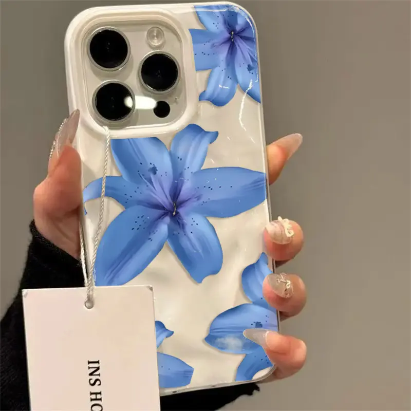 Elegant Blue Lily Flower Design Shockproof Smartphone Case - Fold-Textured Soft TPU Casing for Handheld Devices, Accessory Compatible with iPhone 17,16 Pro Max,16 Plus,15,14,13,12,11