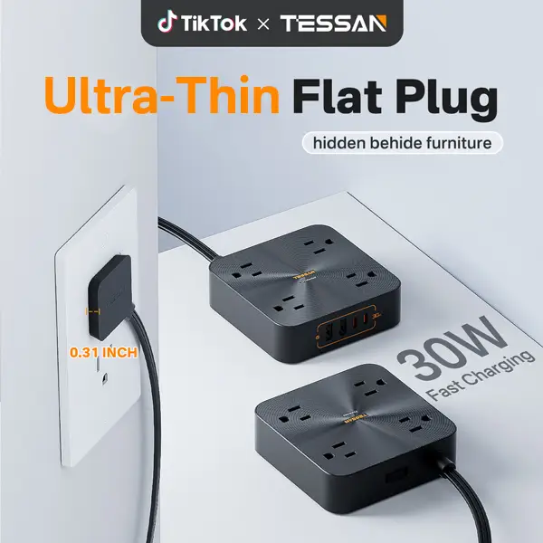 TESSAN Flat Plug Surge Protector Power Strip, 30W Fast Charging Station, 5FT Flat Extension Cord with 4 Outlets & 4 USB C, Wall Mount Compact Desk Cha