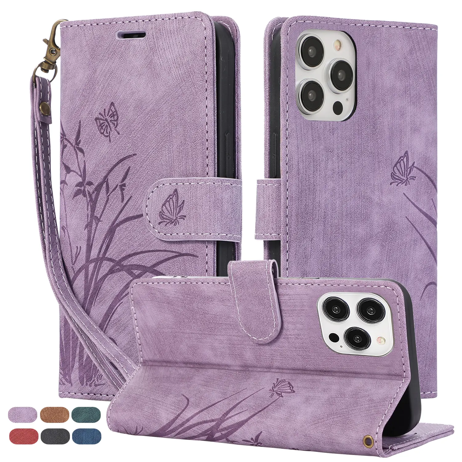 HISTORYOO For iPhone 17 16 Pro Max 15 14 13 12 11 Butterfly Orchid Embossed Wallet HISTORYOO For iPhone 17 16 Pro Max 15 14 13 12 11 Butterfly Orchid Embossed Wallet