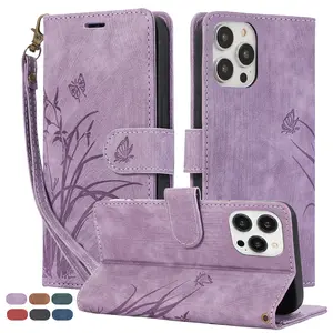 For iPhone 17 16 Pro Max 15 14 13 12 11 Butterfly Orchid Embossed Wallet Cute Phone Case with 1 Cash pocket & 3 Card Slots, Wrist Strap Lanyard Women Soft PU Leather Protective Flip Fold Stand Cover Magnetic Closure For Mom