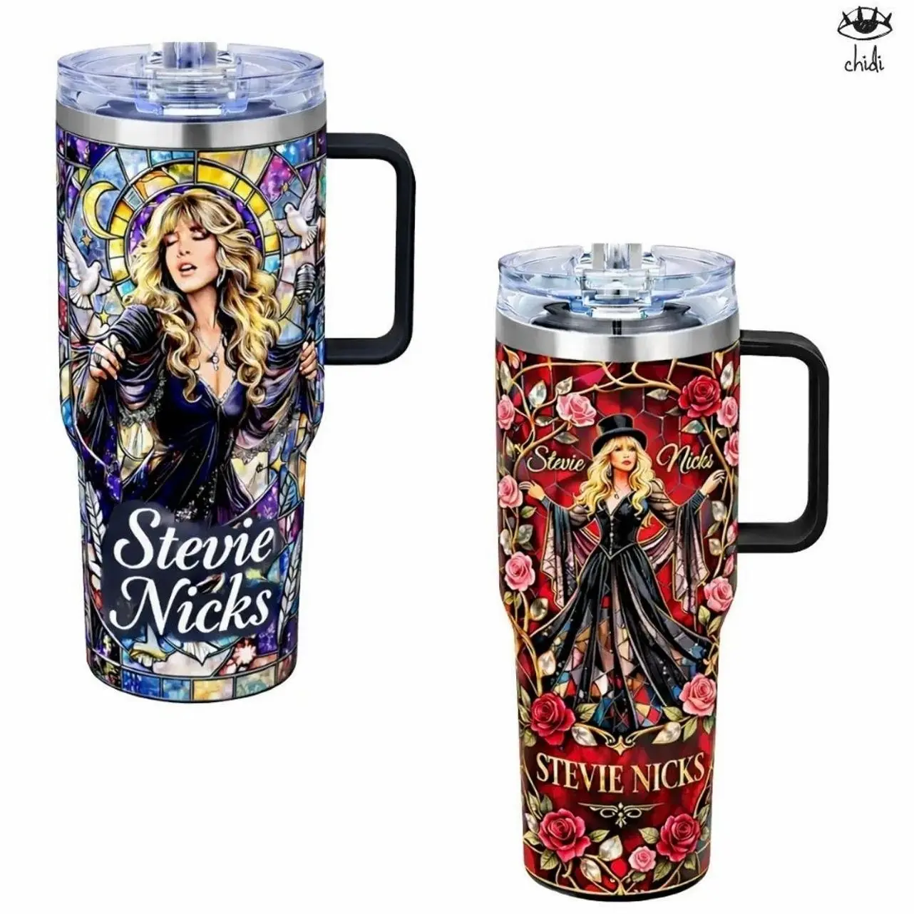 Stevie Nicks 40oz Tumbler with Handle & Lid – Vintage Rock Floral Aesthetic Travel  – Gift for Music Fans