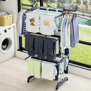[Heavy Duty Drying Rack] Heavy Duty 4-Tier Foldable Drying Rack with Wheels |   Steel Frame, Locking 360 °   Swivel Wheels & Anti-Tip Design, Space Saving Collapsible Laundry Rack for Apartments, Balcony, Dorm Rooms