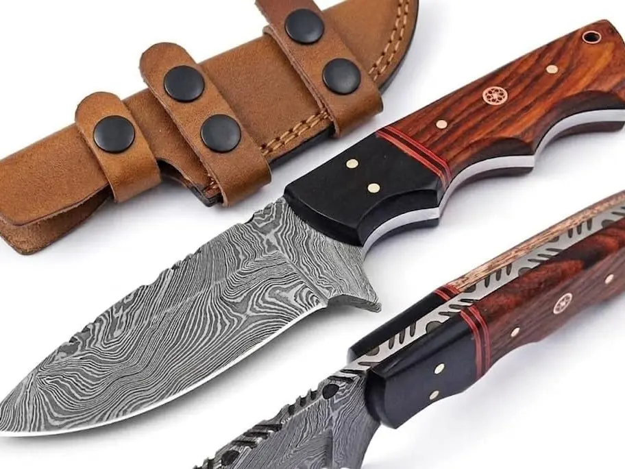 Custom Handmade Fixed Blade Hunting Damascus Knife - 8 Inch hand Forged Full Tang Rose Wood & Micarta Handle Knives For Hunting, Outdoor Camping, Hiking, Fishing, Bushcraft Knives With Leather Sheath
