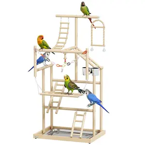 PawHut Bird Playground, 4 Layer Wooden Parrot Play Stand with Ladders, Chain Toy, Stainless Steel Cups and Tray, Bird Cage Accessories for Parakeets